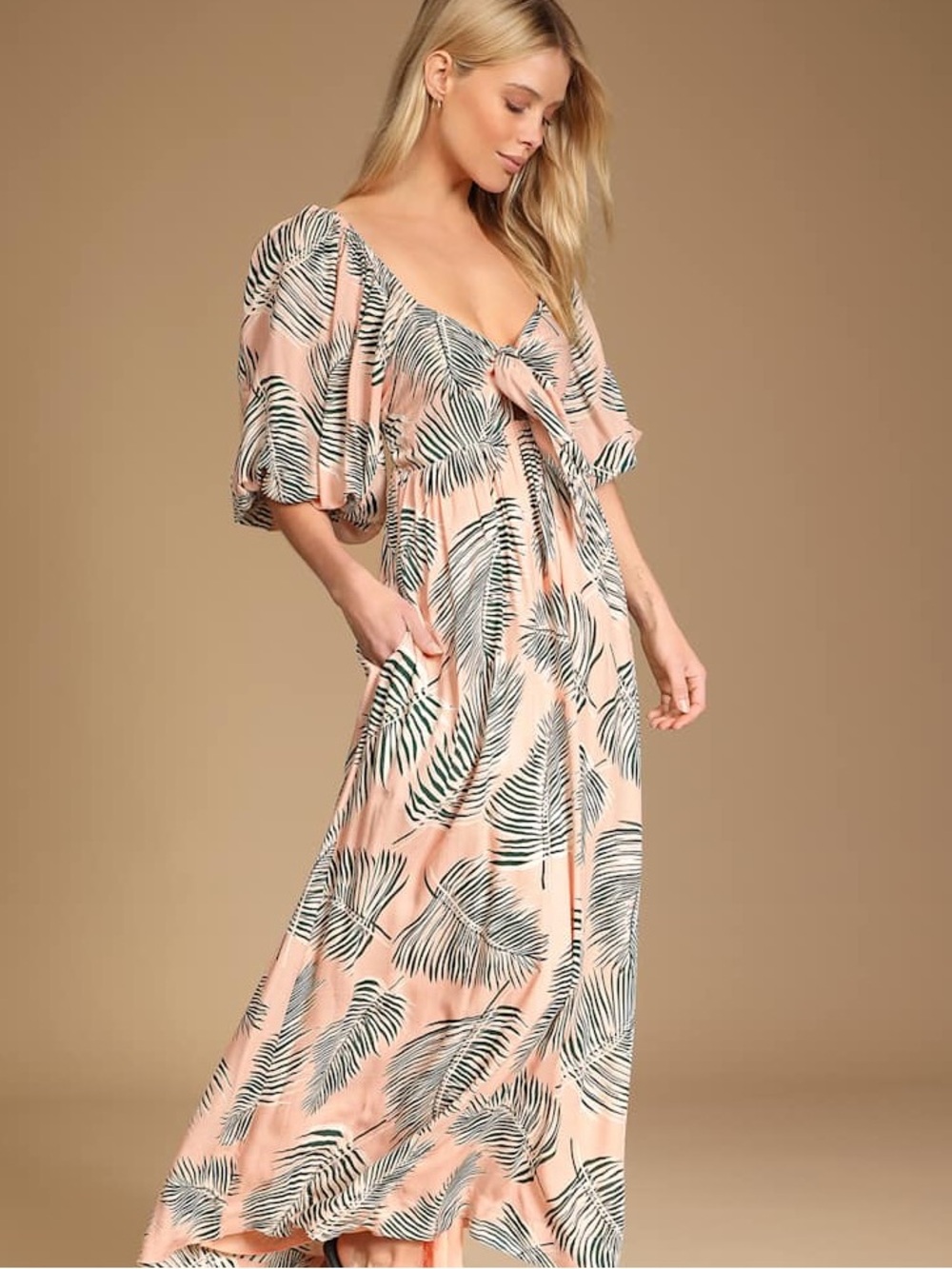 Lulus Take Blush Palm Print Tie-Front Maxi Dress With Pockets